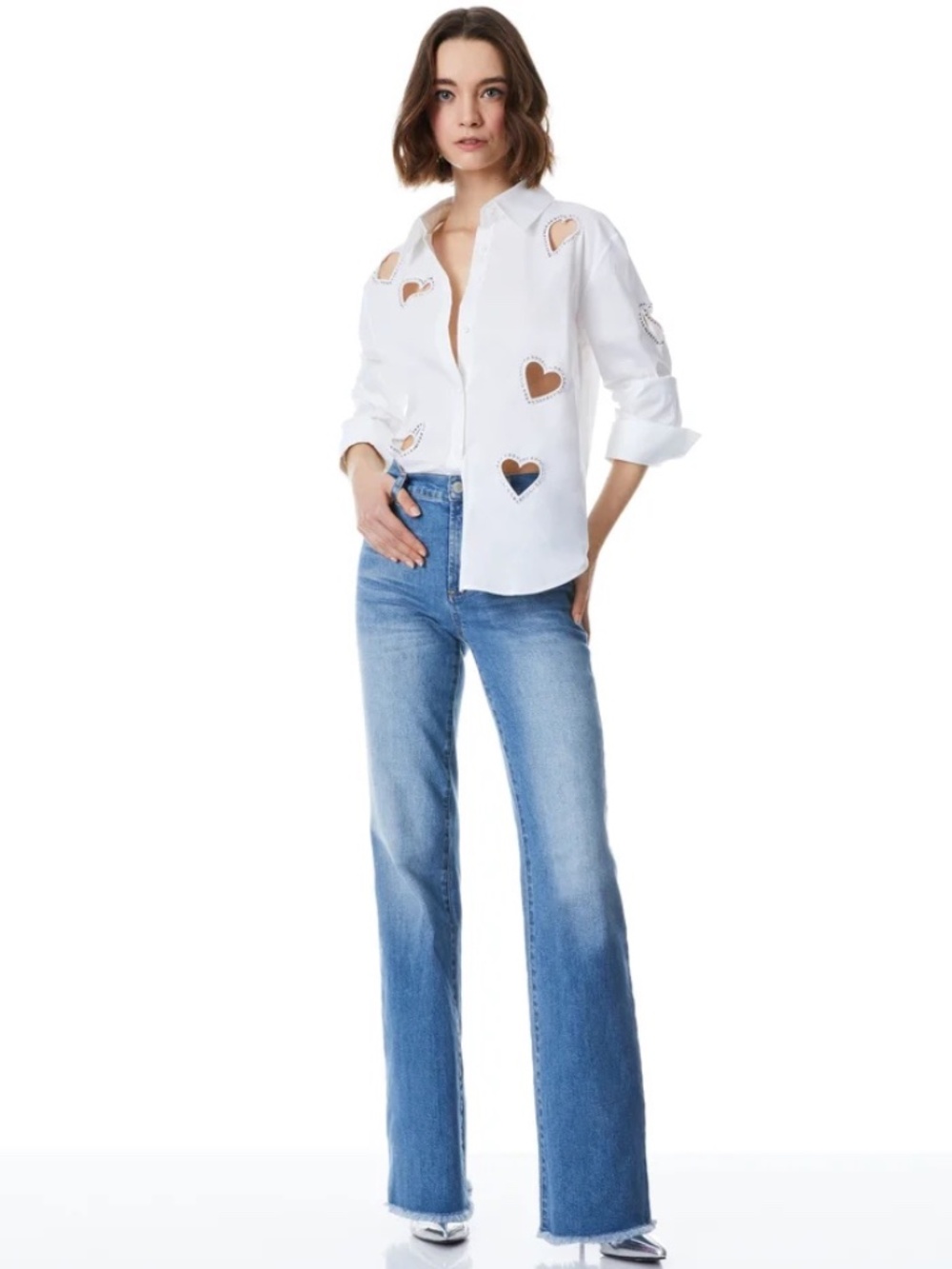 Alice + Olivia Finely Heart Embellished Cotton Shirt size M - Picture 5 of 13